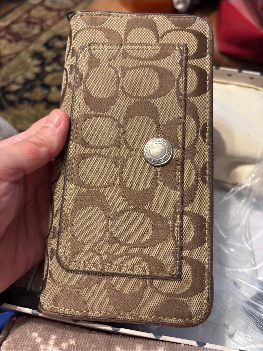 Coach Zippy Signature Canvas Phone Wallet in Tan and Brown